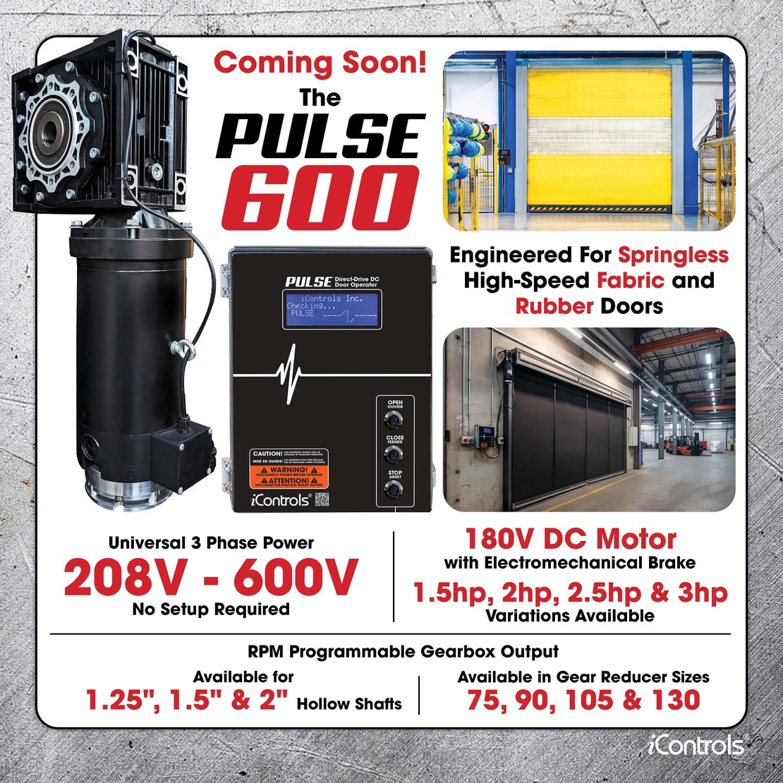 Operador de puerta comercial PULSE 600 para puertas de alta velocidad — próximamente
